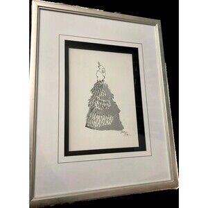Framed Art by Christine Tong, silver foil white Dress print, signed, iridescent